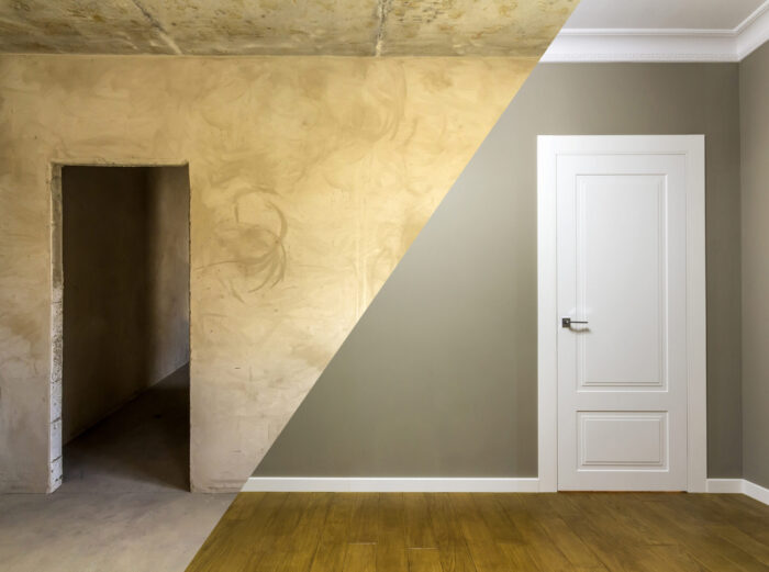 Comparison of a room in an apartment before and after renovation works. New house interior with plastered and painted walls, white doors and wooden oak floor. Real estate development concept.