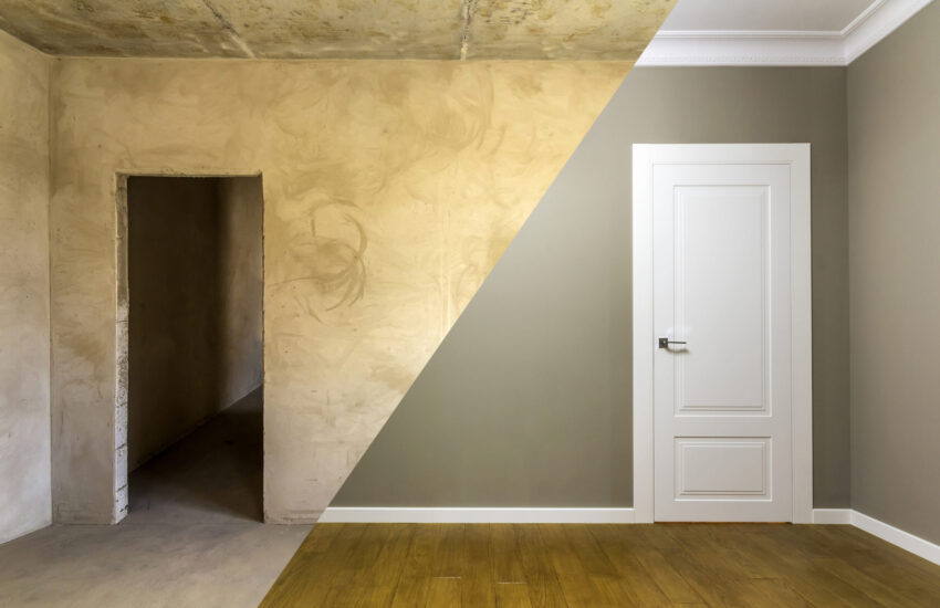 Comparison of a room in an apartment before and after renovation works. New house interior with plastered and painted walls, white doors and wooden oak floor. Real estate development concept.